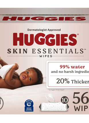 Huggies Skin Essentials Baby Wipes, Hypoallergenic, 99% Water, 10 Flip Top Packs (560 Wipes Total)