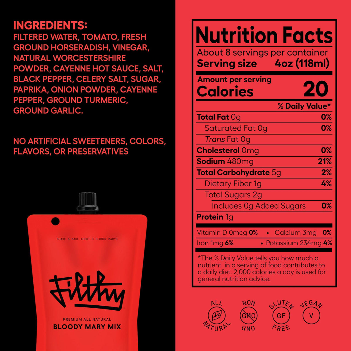 Filthy Bloody Mary Mix, Premium Cocktail Mixer, All-Natural, Non-GMO, Vegan & Gluten-Free, Travel Friendly for Vacation, Brunch, Home Bars and Hosting, Made From Real Tomatoes, 32 Oz Pouch, 2 Pack