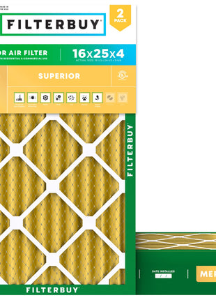 Filterbuy 16x25x4 Air Filter MERV 11 (MPR 1200) Allergen Defense Replacement (2-Pack), Electrostatic Pleated HVAC AC Furnace Filters, Made in USA (Actual Size: 15.50 x 24.50 x 3.63)