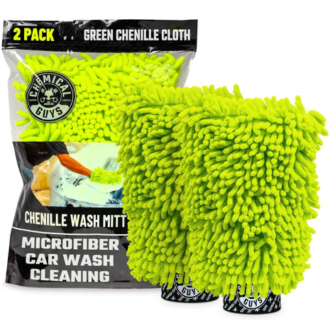 Chemical Guys Chenille Premium Scratch-Free Microfiber Wash Mitt for Car Washing - 2 Pack, Lime Green, Ultra-Soft Car Wash Gloves, Swirl-Free Finish, Safe for Trucks, SUVs, Motorcycles, and More