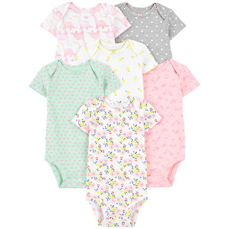 Simple Joys by Carter's Baby Girls' Short-Sleeve Bodysuit, Pack of 6, Multicolor/Dinosaur/Floral/Forest Animals/Fruit/Hearts, 0-3 Months