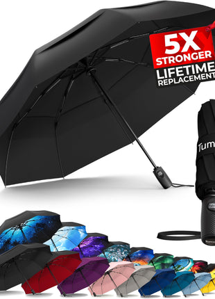 TUMELLA Strongest Windproof Travel Umbrella (Compact, Superior & Beautiful), Small Strong but Light Portable and Automatic Folding Rain Umbrella, Durable Premium Grip, Fits Car and Backpack