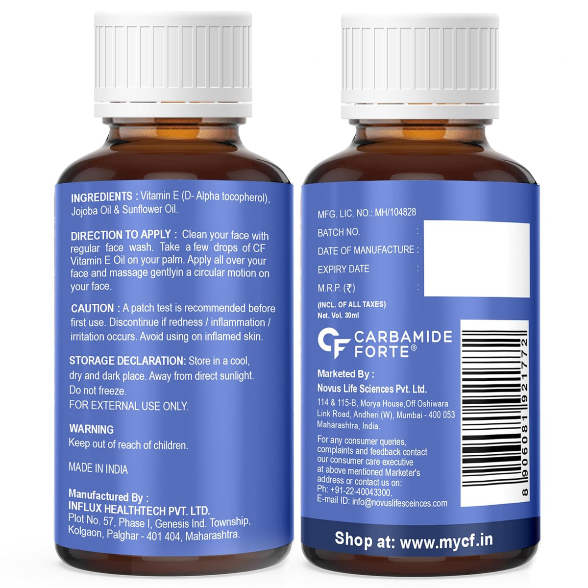 Carbamide Forte Vitamin E Oil For Face & Hair | Vitamin E Oil 30000 IU - 100% Natural Vitamin E Oil - Pharma Grade & Tested for Purity - 30ml