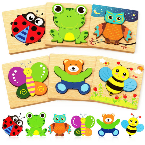 Bekayshad Wooden Puzzles for Toddlers 1-3, Montessori Toys for 1 2 Year Old | Toddler Puzzles, 1 2 Year Old Boy Girl Birthday Gifts, 6 Pack Animal Shape Jigsaw Puzzles, Learning Educational Preschool Toy