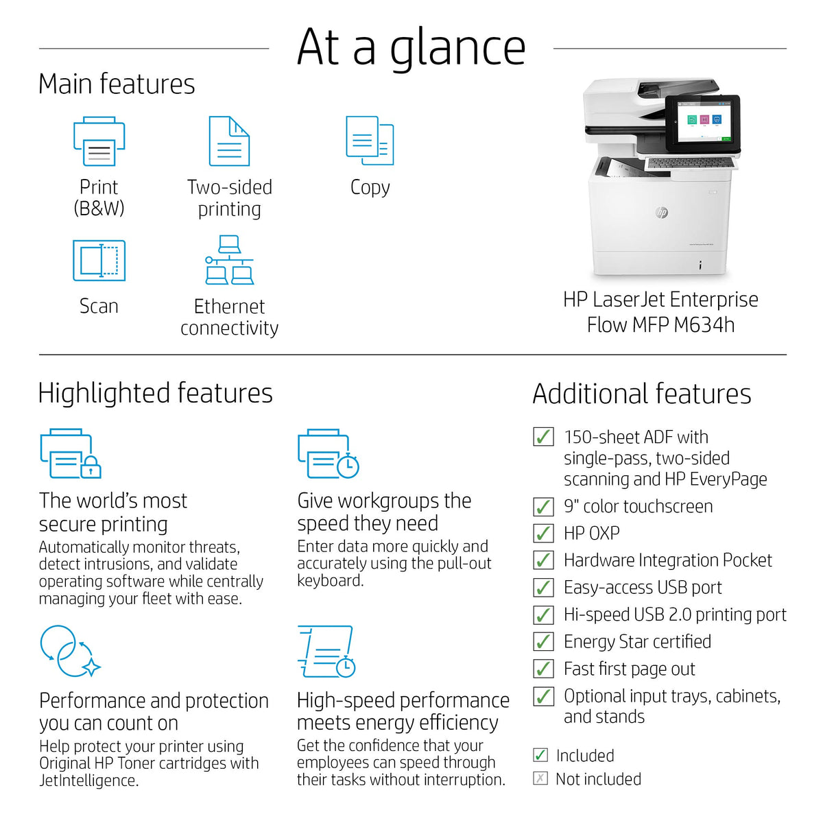 HP LaserJet Enterprise Flow MFP M634h Monochrome All-in-One Printer with built-in Ethernet & 2-sided printing (7PS95A), White