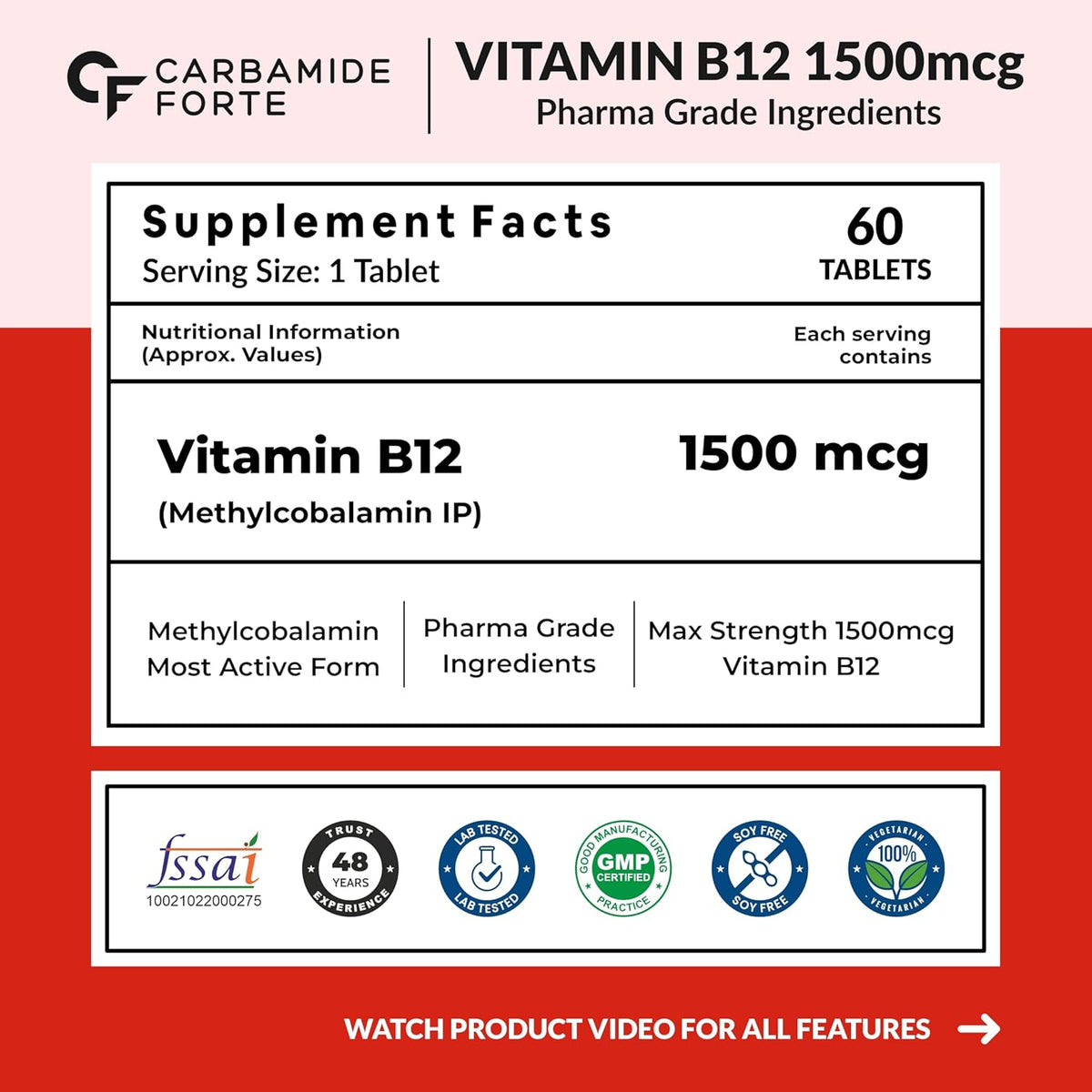 Carbamide Forte Vitamin B12 Supplements - Methylcobalamin 1500mcg Vitamin b12 tablets| B12 supplement for men & Women | Active form of b12 supplement - 60 Veg Tablets