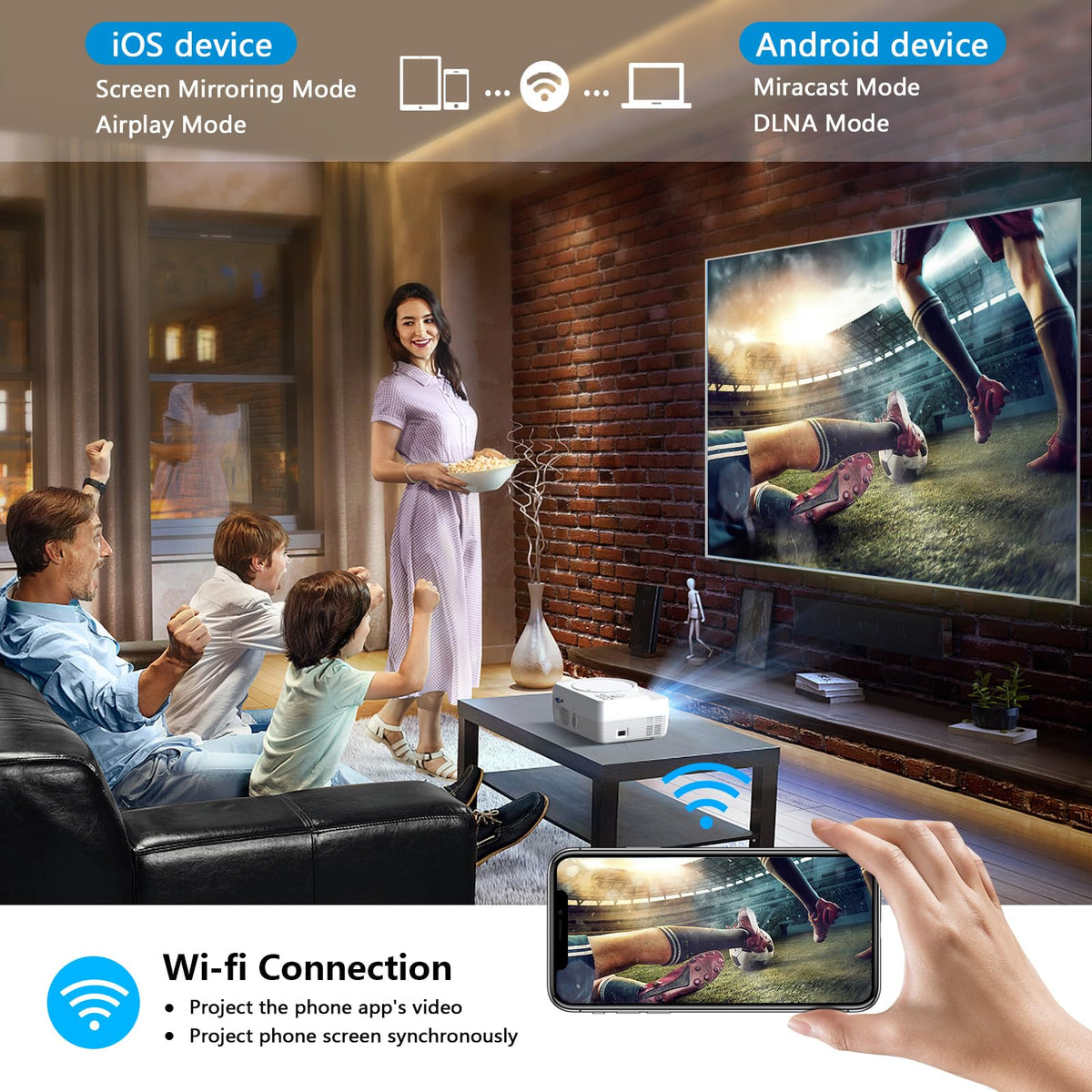 Full HD WiFi Bluetooth Projector Built in DVD Player, 12000LM 1080P Supported, Portable Mini DVD Projector for Outdoor Movies, 250" Home Theater, Compatible with iOS/Android/TV Stick/PS4/HDMI/USB/TF
