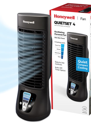 Honeywell QuietSet Personal Table Fan, Oscillating Personal Desk Fan with Quiet Operation, 4 Levels of Power and Sound, Black, HTF210B