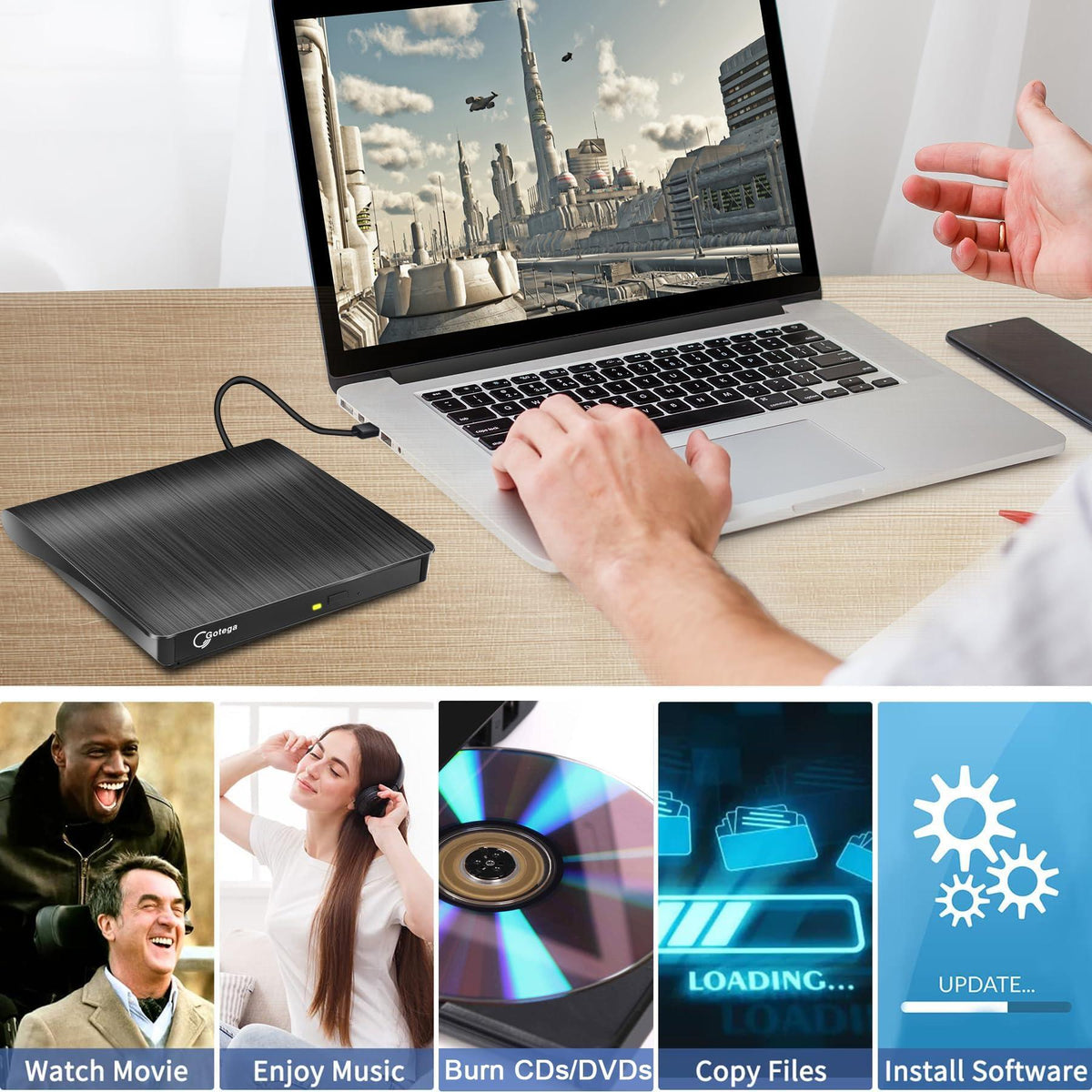 Gotega External DVD Drive, USB 3.0 Portable +/-RW, DVD Player for CD ROM Burner Compatible with Laptop Desktop PC Windows Linux OS Apple Mac Black