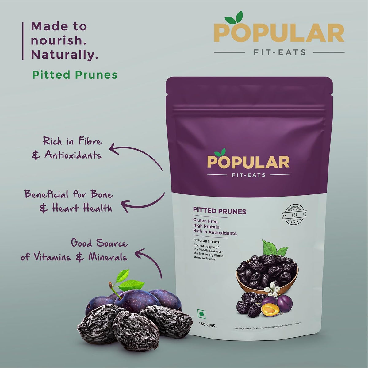 Popular FIT - EATS Pitted prunes Whole, 150g- Whole Dried Prunes, Antioxidant Rich, Immunity Booster, Low Fat Snacks, Healthy snacking for kids and adults