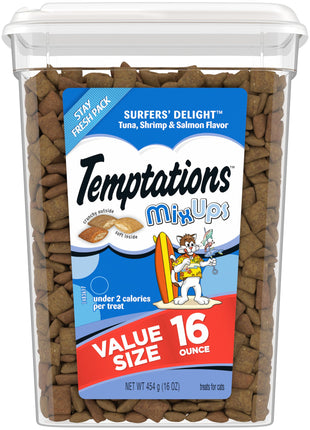 Temptations MixUps Crunchy Cat Treats, Surfer's Delight, 16 oz | Tuna, Shrimp & Salmon flavors, crunchy & soft texture, under 2 cal/treat, no artificial flavors, resealable tub