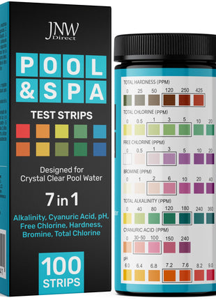 JNW 7-in-1 Pool Test Strips, 100 Quick & Accurate Test Strips for Pool Water, Spa Test Strips for Hot Tub, Chlorine Test Strips, Bromine, pH, Alkalinity, Hardness & More - Swimming Pool Test Kit