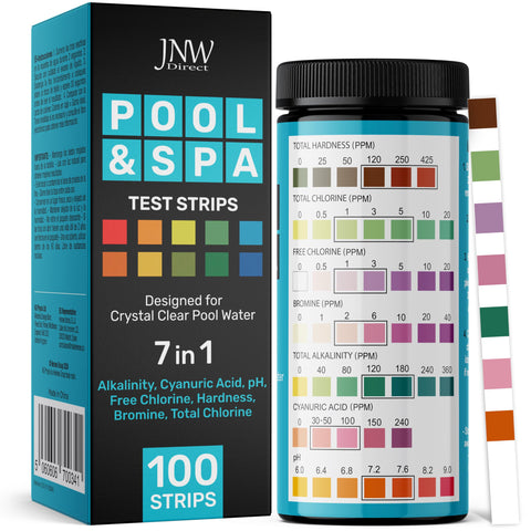 JNW 7-in-1 Pool Test Strips, 100 Quick & Accurate Test Strips for Pool Water, Spa Test Strips for Hot Tub, Chlorine Test Strips, Bromine, pH, Alkalinity, Hardness & More - Swimming Pool Test Kit