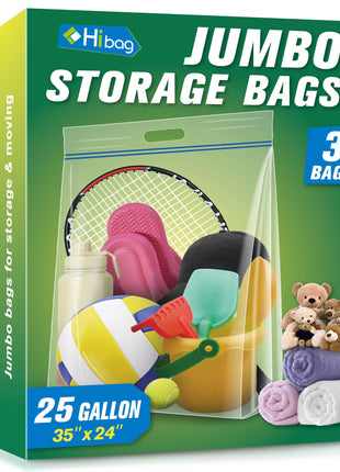 HIBAG 25 Gallon Jumbo Storage Bags, 35? x 24? Resealable Clear Bags with Handle, Extra Large XL Heavy Duty for Clothes Pillow Travel Moving, Pack of 3