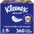 Kleenex Ultra Soft Facial Tissues, 3 Flat Boxes, 120 Tissues per Box, 3-Ply (360 Total), Packaging May Vary