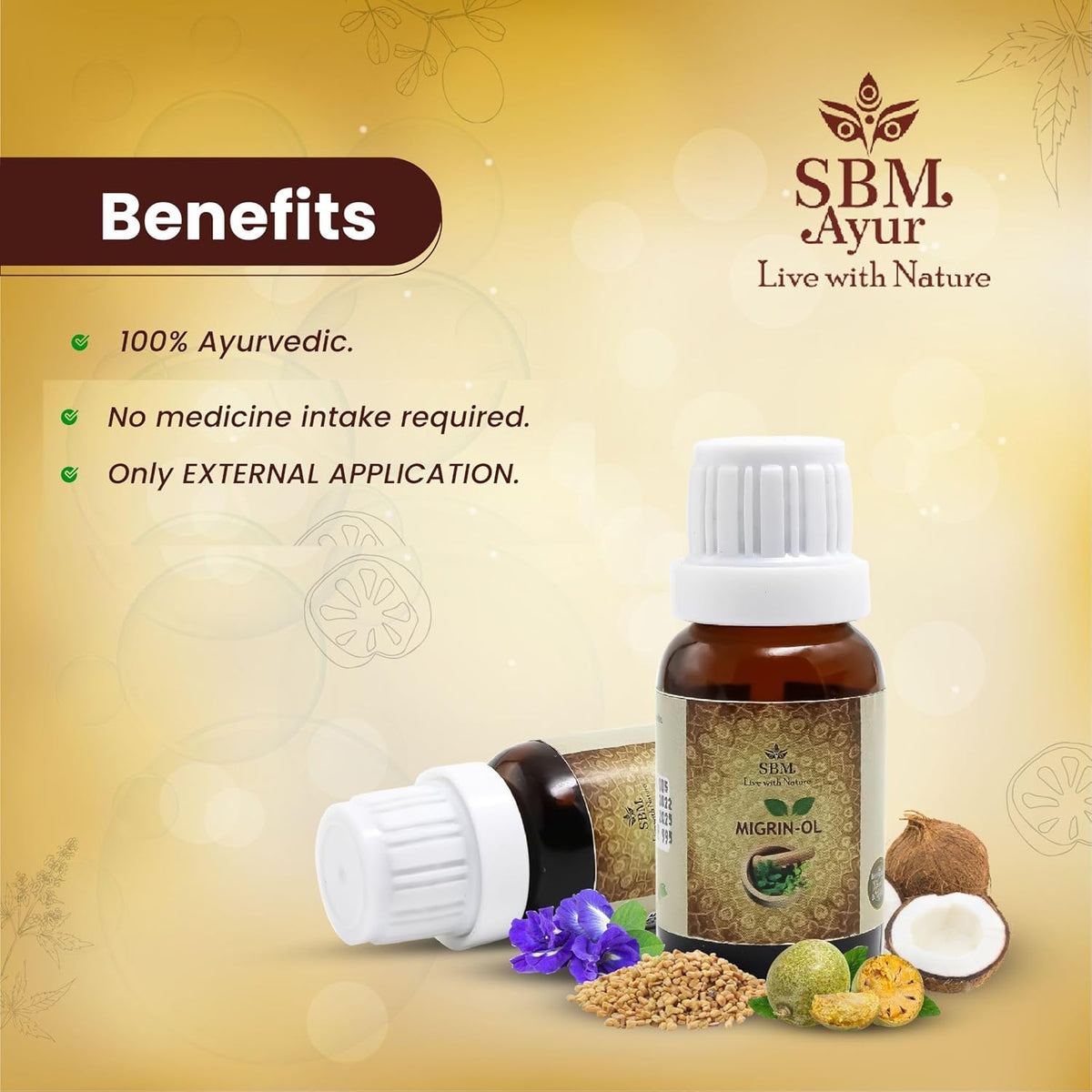 SBM Ayur MIGRIN-OL Ayurvedic Oil with Natural Ingredients 13 ml | May helps to Cure Migraine Headache & Hypertension - Only with External Application | No Medicine Intake Required