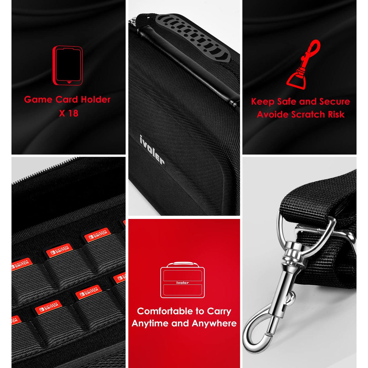 ivoler Carrying Storage Case for Nintendo Switch/For Switch OLED Model (2021),Portable Travel All Protective Hard Messenger Bag Soft Lining 18Games for Switch Console Pro Controller Accessories Black