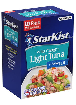 StarKist Chunk Light Tuna in Water, 2.6 oz Pouch (10 Pack) Ready to Eat Wild Caught Tuna, 17g Protein, 70 Calories Per Serving, Gluten Free, Soy Free, Kosher, Perfect for Salads, Keto Meals and Snacks