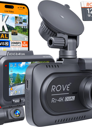 ROVE R2-4K DUAL Dash Cam Front and Rear, STARVIS 2 Sensor, FREE 128GB Card Included, 5G WiFi - up to 20MB/s Fastest Download Speed with App, 4K 2160P/FHD Dash Camera for Cars, 3" IPS, 24H Parking Mode