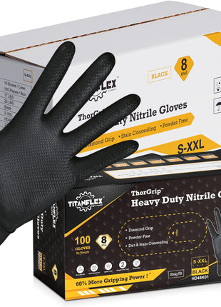 TitanFlex Heavy Duty Black Industrial Nitrile Gloves, 8-mil, Large, Box of 100, Latex Free, Raised Diamond Texture, Powder Free, Food Safe, Rubber Gloves, Mechanic Gloves