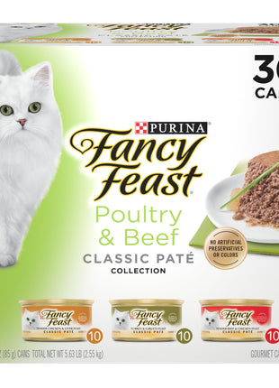Fancy Feast Poultry and Beef Feast Classic Pate Collection Grain Free Wet Cat Food Variety Pack - (Pack of 30) 3 oz. Cans