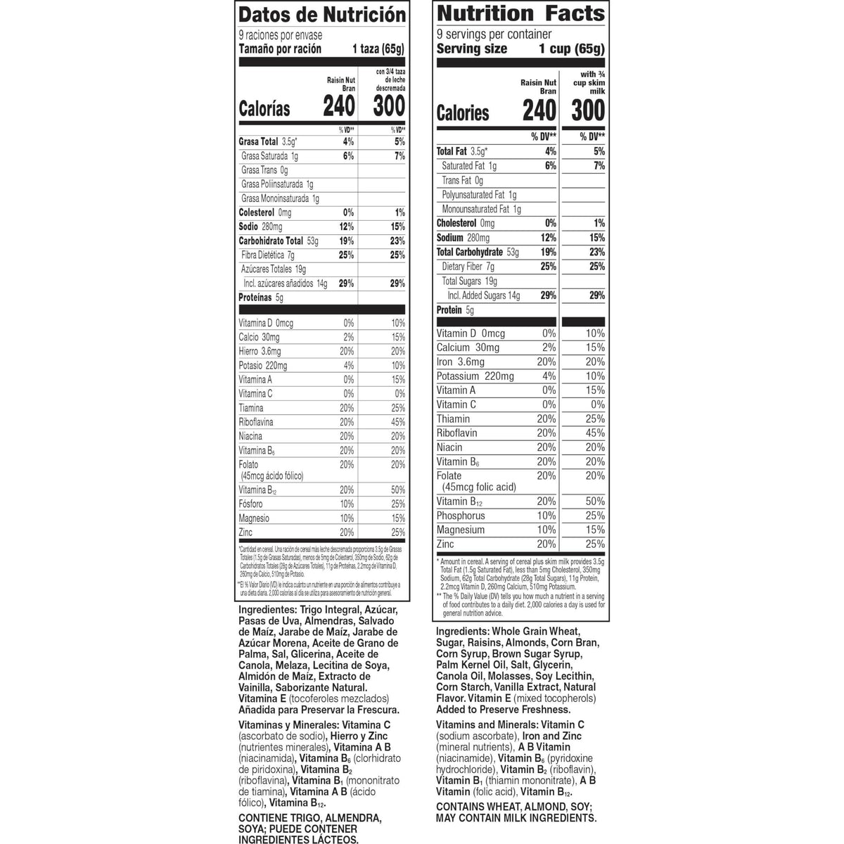 Raisin Nut Bran Cereal, High Fiber Cereal, Made with Whole Grain, 20.8 oz