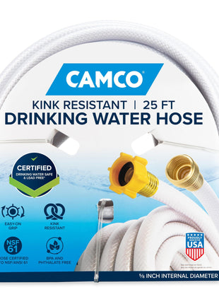 Camco TastePURE 25-Ft Water Hose - RV Drinking Water Hose Contains No Lead, No BPA & No Phthalate - Features Diamond-Hatch Reinforced PVC Design - 5/8 inch Inside Diameter, Made in the USA (22783)