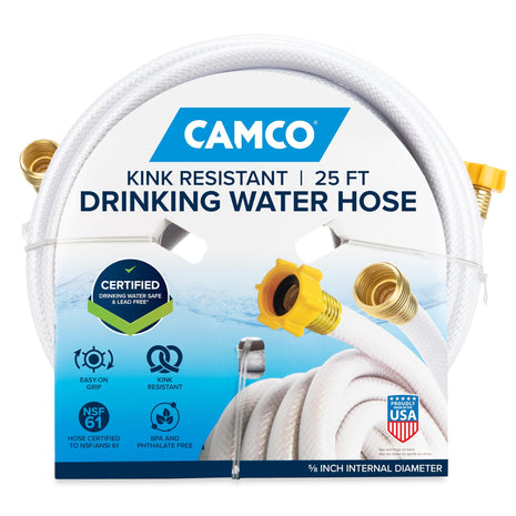 Camco TastePURE 25-Ft Water Hose - RV Drinking Water Hose Contains No Lead, No BPA & No Phthalate - Features Diamond-Hatch Reinforced PVC Design - 5/8 inch Inside Diameter, Made in the USA (22783)