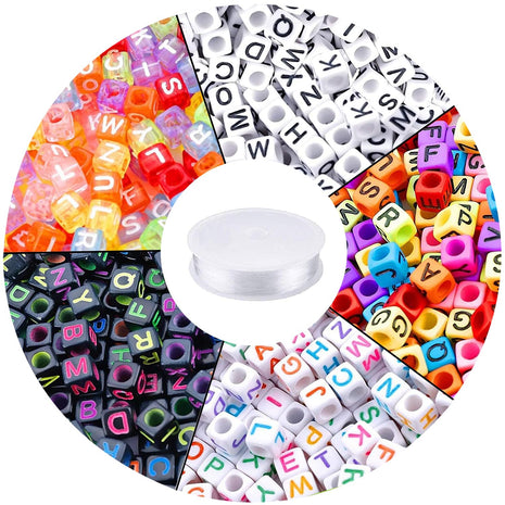 Augshy 1400pcs 5 Color Cube Alphabet Beads Bracelet Letter Beads for Bracelets Making with 1 Roll 50M Crystal String Cord for Jewelry Making(6mm)