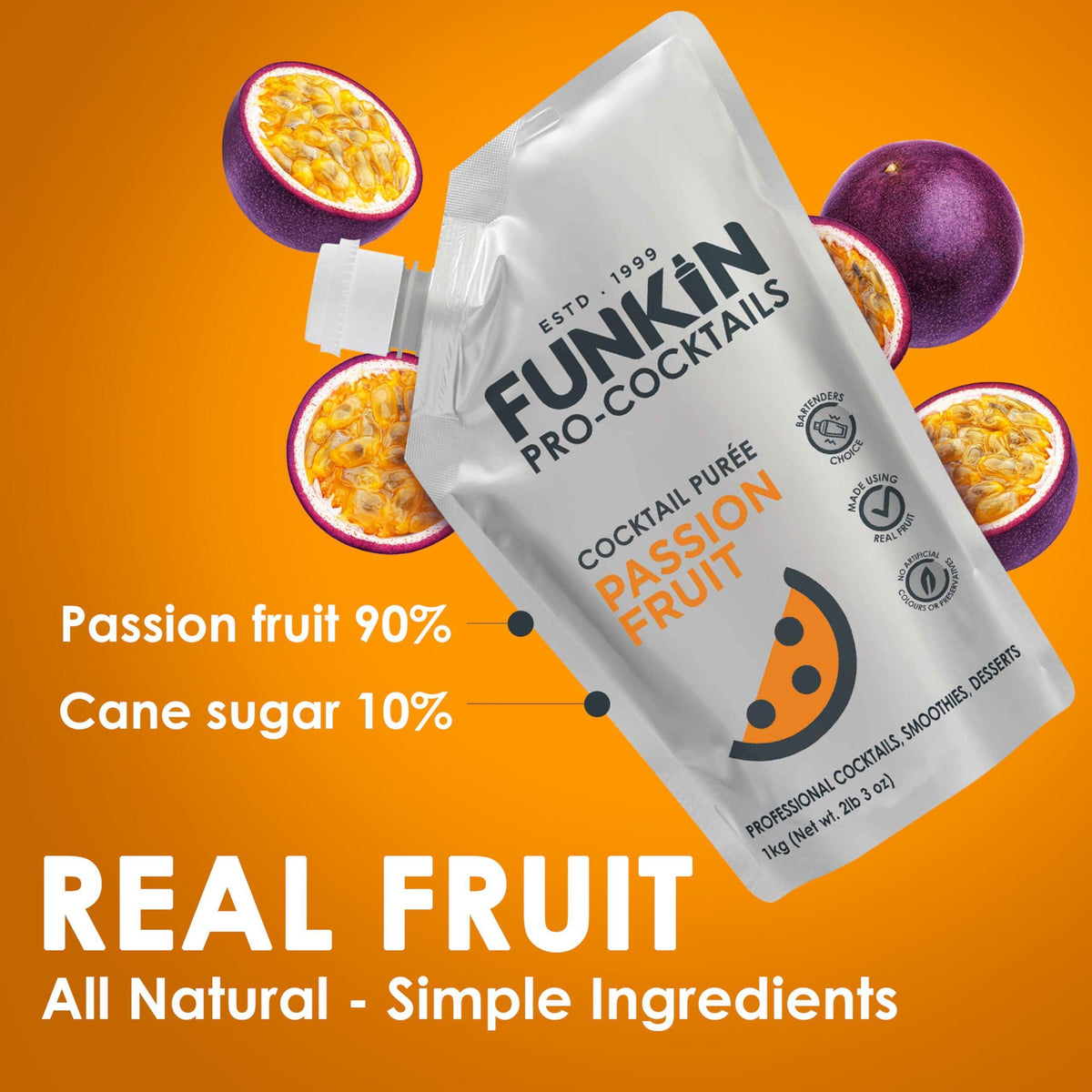 Funkin Passion Fruit Puree | Real Fruit, Two Ingredient, Natural Mixer for Cocktails, Drinks, Smoothies | Vegan, Non-GMO, Gluten-Free (2.2 lbs)