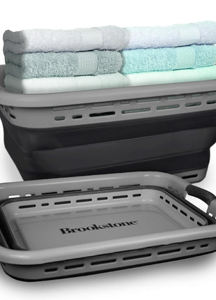 BROOKSTONE 11 GALLON XL 24" Collapsible Laundry Basket & Clothes Hamper, Comfort Non-Slip Handles, Modern Laundry Hamper with Space Saving Design, Portable Pop-Up Hamper, BPA FREE, Grey, 1 Pack