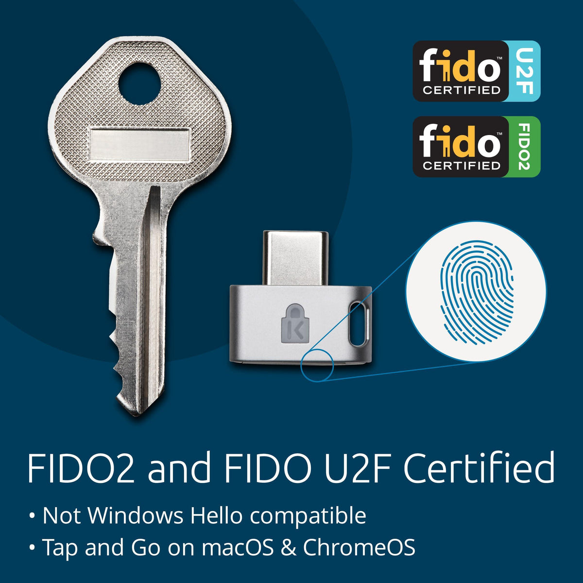 Kensington FID0 U2F and FIDO2 USB-C Security Key and Fingerprint Reader - Windows, macOs, Chrome
