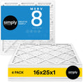 Simply 16x25x1 Air Filter, MERV 8, 6 Pack, For Home AC Furnace & HVAC (Actual Size: 15.75 inchx24.75 inchx0.75 inch) DUST, Pet, & Allergy Control