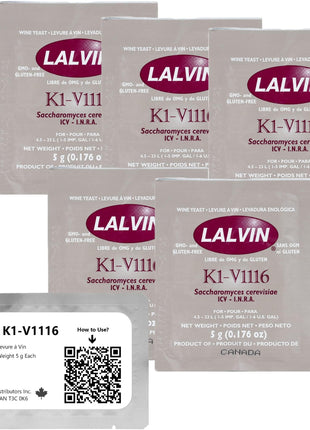 Lalvin K1-V1116 Wine Yeast (5 Pack) - Make Wine Cider Mead Kombucha At Home - 5 g Sachets - Saccharomyces cerevisiae - Sold by CAPYBARA Distributors Inc. | Make Wine Cider Mead Kombucha At Home, 5 g Sachets, Saccharomyces cerevisiae