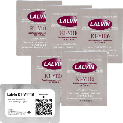 Lalvin K1-V1116 Wine Yeast (5 Pack) - Make Wine Cider Mead Kombucha At Home - 5 g Sachets - Saccharomyces cerevisiae - Sold by CAPYBARA Distributors Inc. | Make Wine Cider Mead Kombucha At Home, 5 g Sachets, Saccharomyces cerevisiae