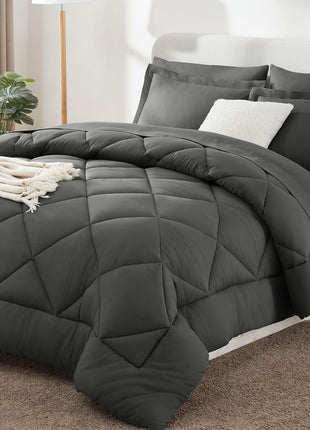CozyLux Queen Comforter Set Dark Grey   Bed in a Bag Queen Size 7 Pieces, Luxury Soft Bed Set for All Seasons, Bedding Set with Down Alternative Comforter, Sheets, Pillowcases & Shams
