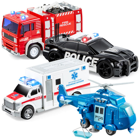 JOYIN 4 Packs Emergency Vehicle Toy Playsets, Friction Powered Vehicles with Light and Sound, Including Fire Truck, Ambulance, Play Police Car and Helicopter, Toddler Kids Boys Gifts