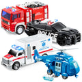 JOYIN 4 Packs Emergency Vehicle Toy Playsets, Friction Powered Vehicles with Light and Sound, Including Fire Truck, Ambulance, Play Police Car and Helicopter, Christmas Toddler Kids Boys Gifts