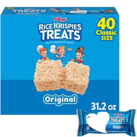 Rice Krispies Treats Crispy Marshmallow Squares, Kids Snacks, Cereal Bars, Original, 31.2oz Box (40 Bars)