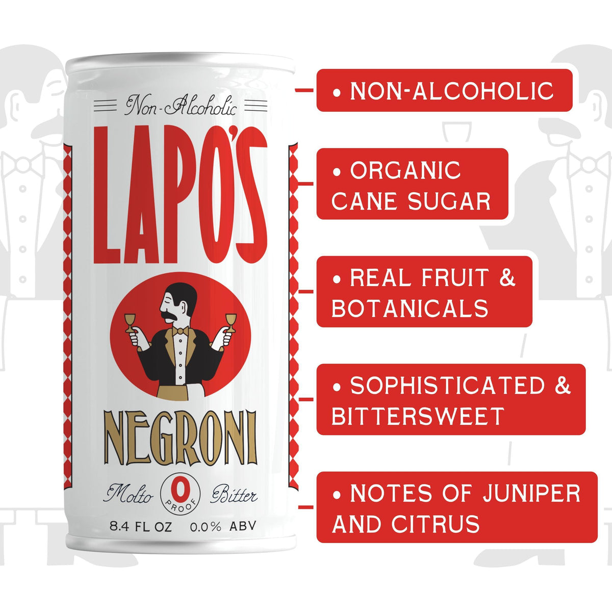 Lapo's Non Alcoholic Negroni, Non-Alcoholic Spirits, Gluten Free, For Non-Alcoholic Spritz, Zero Proof Drinks, Beverages & Mocktails, Alcohol Alternative, Lightly Sparkling & Bittersweet, 4 Pack Cans