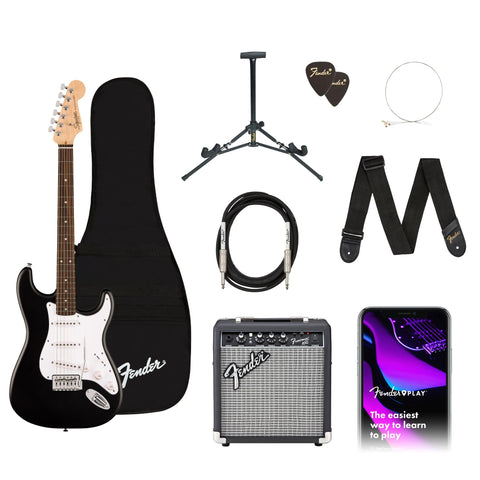 Fender Squier Debut Series Stratocaster Electric Guitar Kit, Beginner Guitar Kit, with 2-Year Warranty, with Padded Gig Bag, Frontman 10G Amp, Strap, and More, Includes Free Lessons, Black