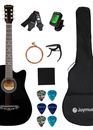 38 inch black beginner acoustic guitar,bundle with a strap with picks holder,digital tuner, set strings, capo,cleaning cloth,6 picks,gig bag.(JG-38C,BK)