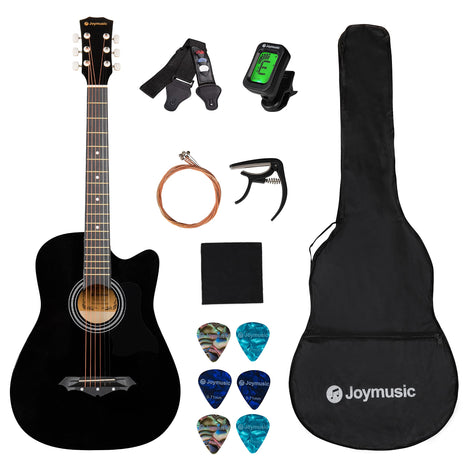 38 inch black beginner acoustic guitar,bundle with a strap with picks holder,digital tuner, set strings, capo,cleaning cloth,6 picks,gig bag.(JG-38C,BK)