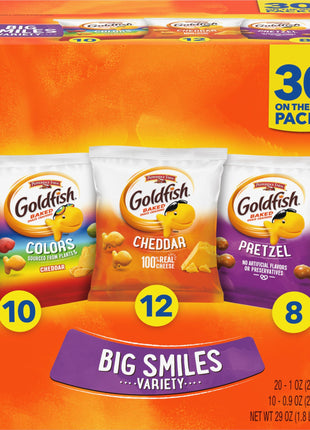 Goldfish Crackers Big Smiles Variety Pack with Cheddar, Colors, and Pretzels, Snack Packs, 30 Ct
