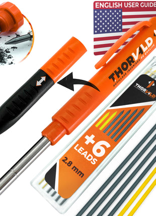THORVALD New 3-in-1 Carpenter Pencils with Finger Grip for Construction - Incl. 7 Leads + Sharpener - Solid Mechanical Pencils with Fine Point/Best Marking tools Construction/Carpenters/Scriber
