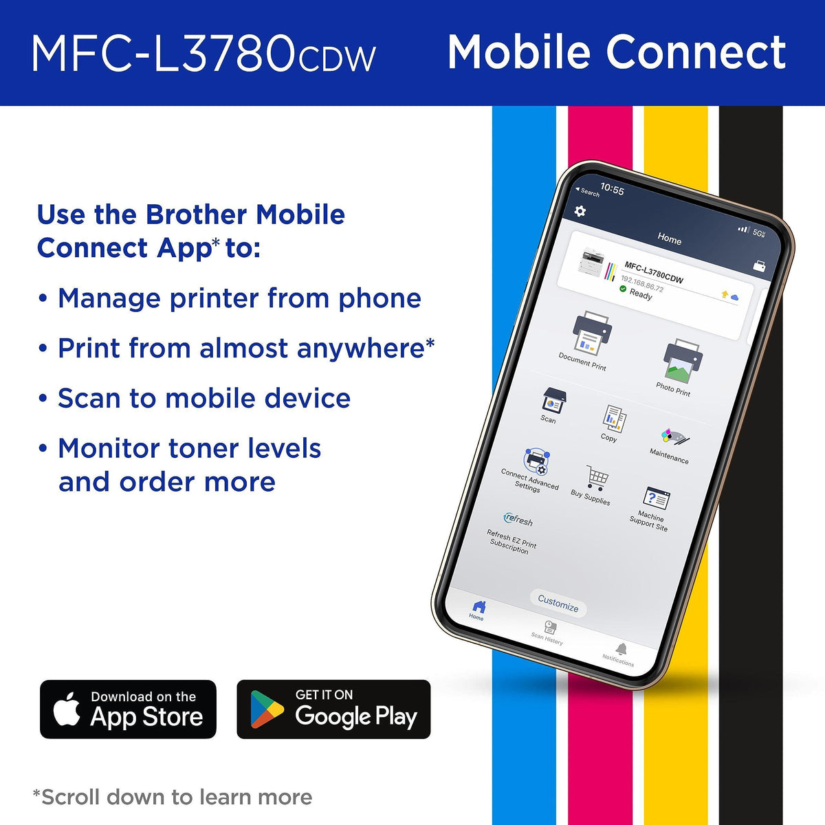 Brother MFC-L3780CDW Wireless Digital Color All-in-One Printer with Laser Quality Output, Single Pass Duplex Copy & Scan | Includes 2 Month Refresh Subscription Trial, Works with Alexa