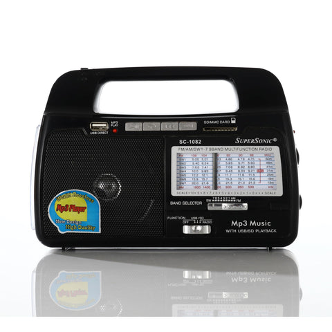 Supersonic SC-1082 9 Band AM/FM/SW 1-7 Portable Radio, High Sensitivity Receiver, Torch Light, Speaker, USB/SD Card Input, Rechargeable Battery, 360° Antenna, 8-10hr Flashlight, 2hr Radio, AC/DC