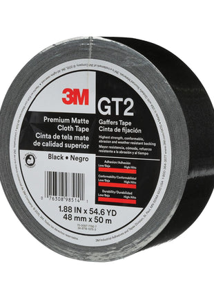 3M Premium Matte Cloth (Gaffers) Tape GT2, High-Strength, Indoor/Outdoor Use, Black, 48 mm x 50 m, 11 mil, 1 Roll, 98514