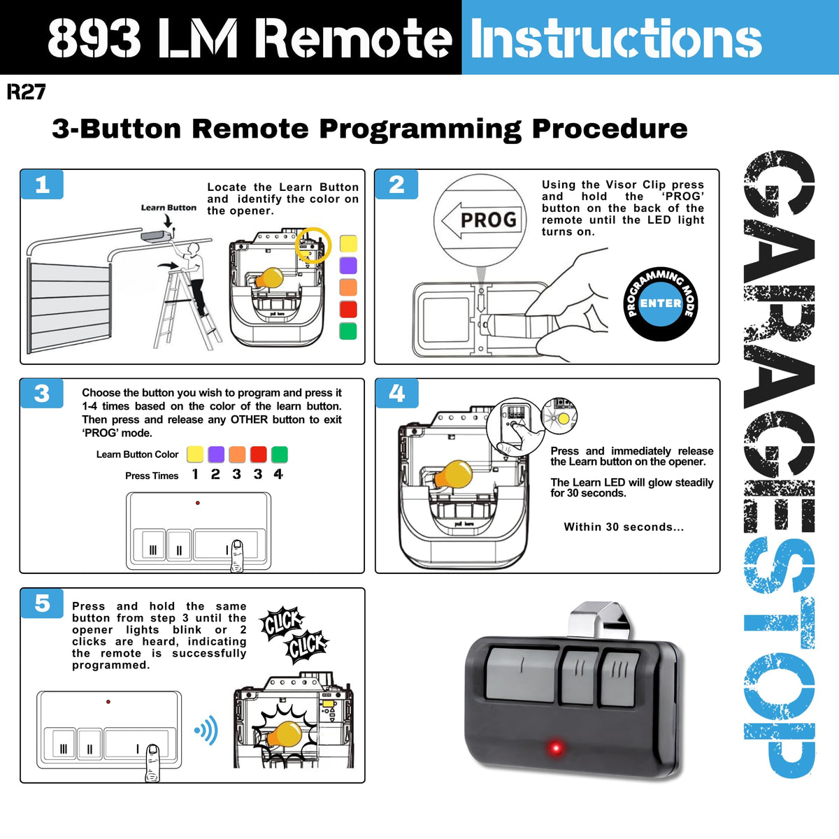 2X for LiftMaster Chamberlain Craftsman Garage Door Opener Remote Replacement, 893LM 893Max 3-Button, Extra Long-Range