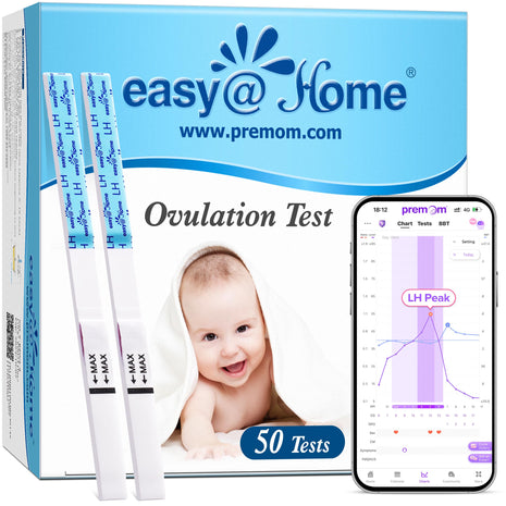 Easy@Home Ovulation Test Strips, 50-Pack, Fertility Test Kit | FSA Eligible, Ovulation Predictor Kit, Powered by Premom Ovulation Calculator iOS and Android APP, 50 LH Tests